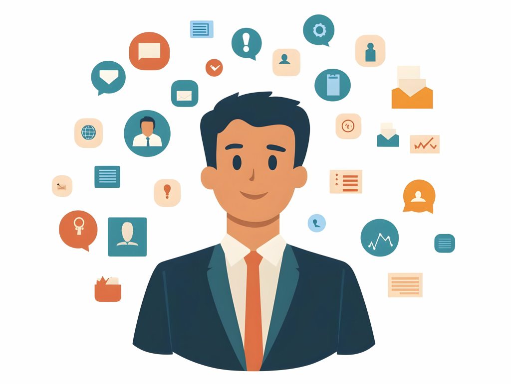 Flat Politician Avatar with Holographic Policy Icons: Close Up of a Politician's Digital Representation Surrounded by Floating Policy Elements on White Background for Candidate Messaging