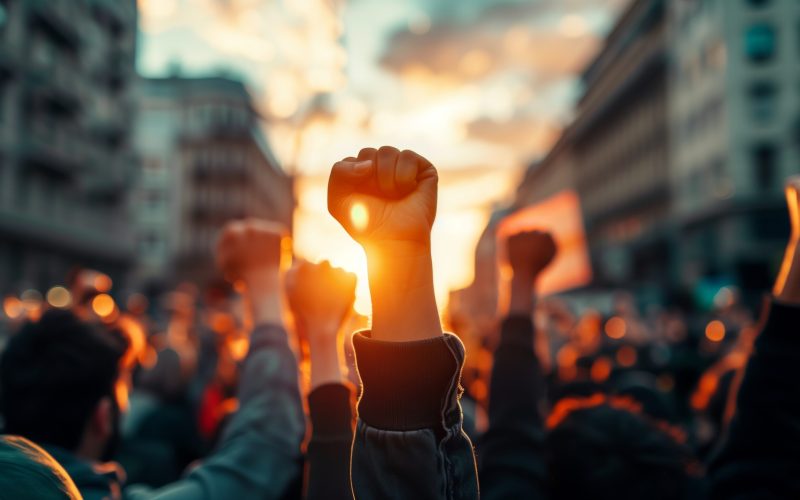Activists marching during sunset with raised fist Activists marching during sunset with raised fist