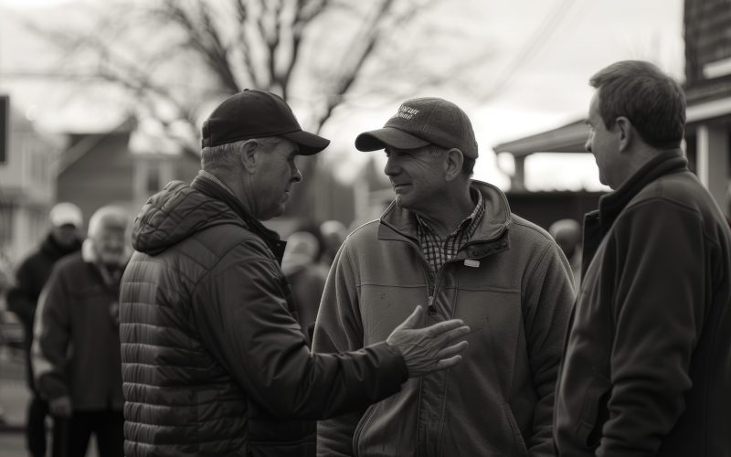 A grassroots campaign rally in a small town square featuring a local candidate interacting with voters. the candidate actively engages with residents, creating an intimate and personal atmosphere. the setting includes houses and trees, with an emphasis on community connection.