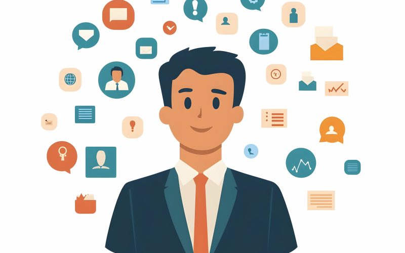 Flat Politician Avatar with Holographic Policy Icons: Close Up of a Politician's Digital Representation Surrounded by Floating Policy Elements on White Background for Candidate Messaging